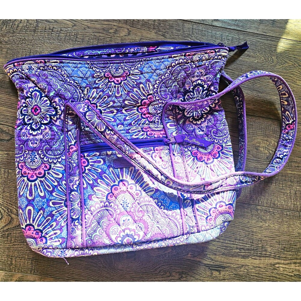 Vera Bradley Purple Quilted Floral Zip Shoulder Bag w/ Pouch Inner/Outer Pockets